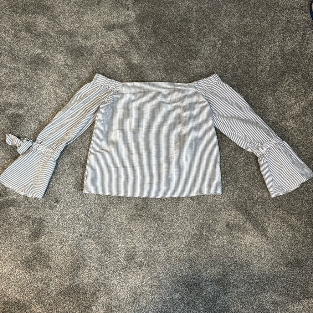 White and baby blue striped off the shoulder blouse